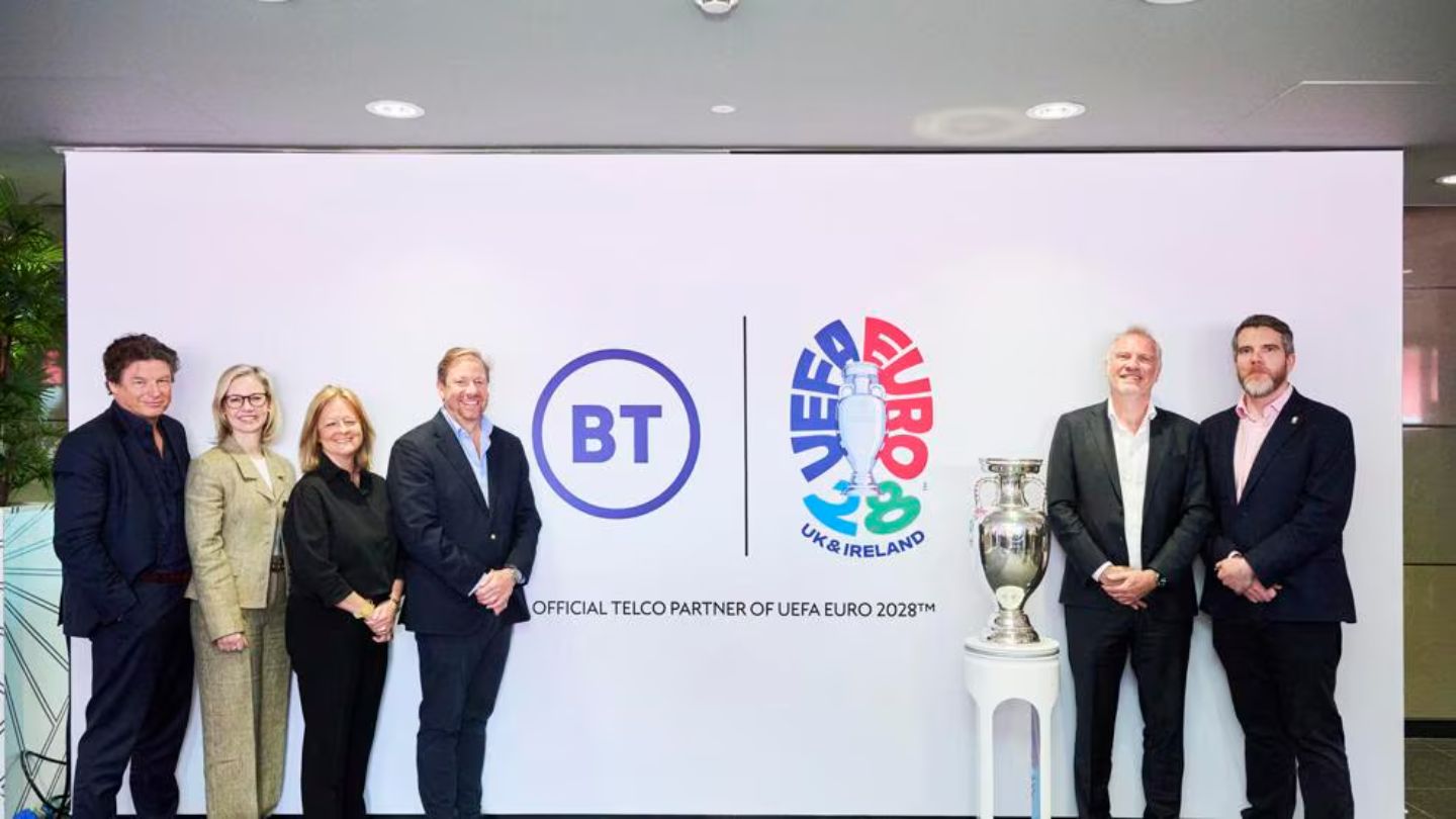 Jon James (CEO, BT Business), Claire Gillies (CEO, Consumer, BT Group), Allison Kirkby (CEO BT Group), Greg McCall (Chief Security & Networks Officer, BT), Guy-Laurent Epstein – Executive Director of Marketing, UEFA) and Chris Bryant (Managing Director, UK & Ireland 2028 Limited)